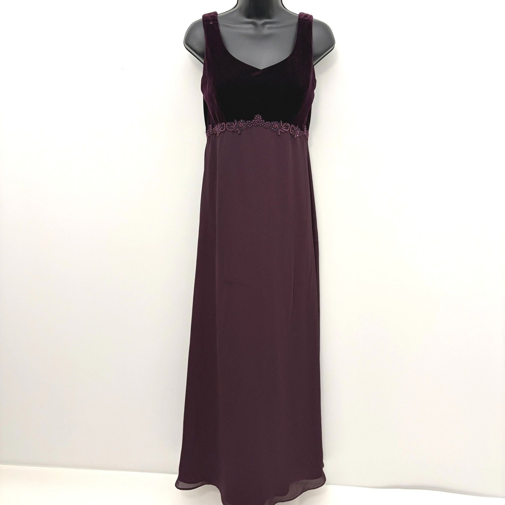 Michaelangelo Maxi Dress Velvet Beaded Empire Waist Size 4 Plum Purple
